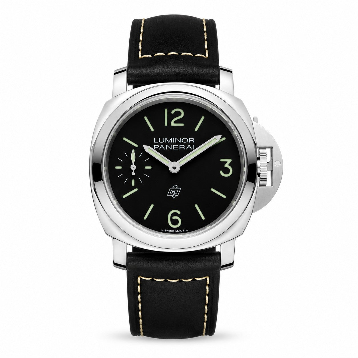 Luminor Panerai watch with black leather strap and black dial