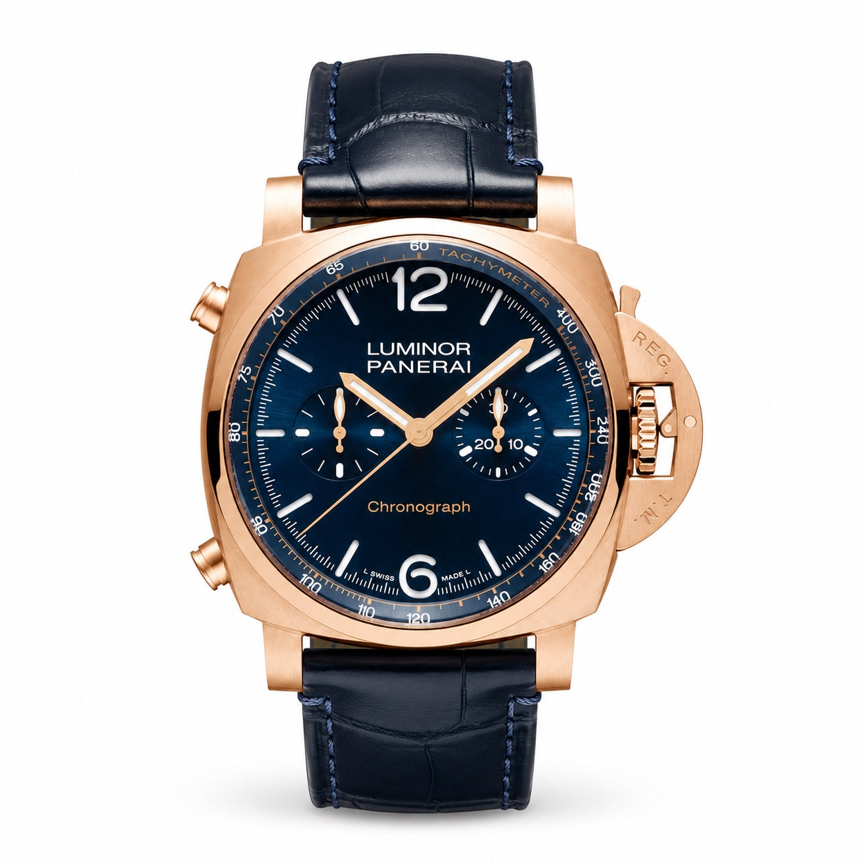 Luxury watch with blue face and rose gold case