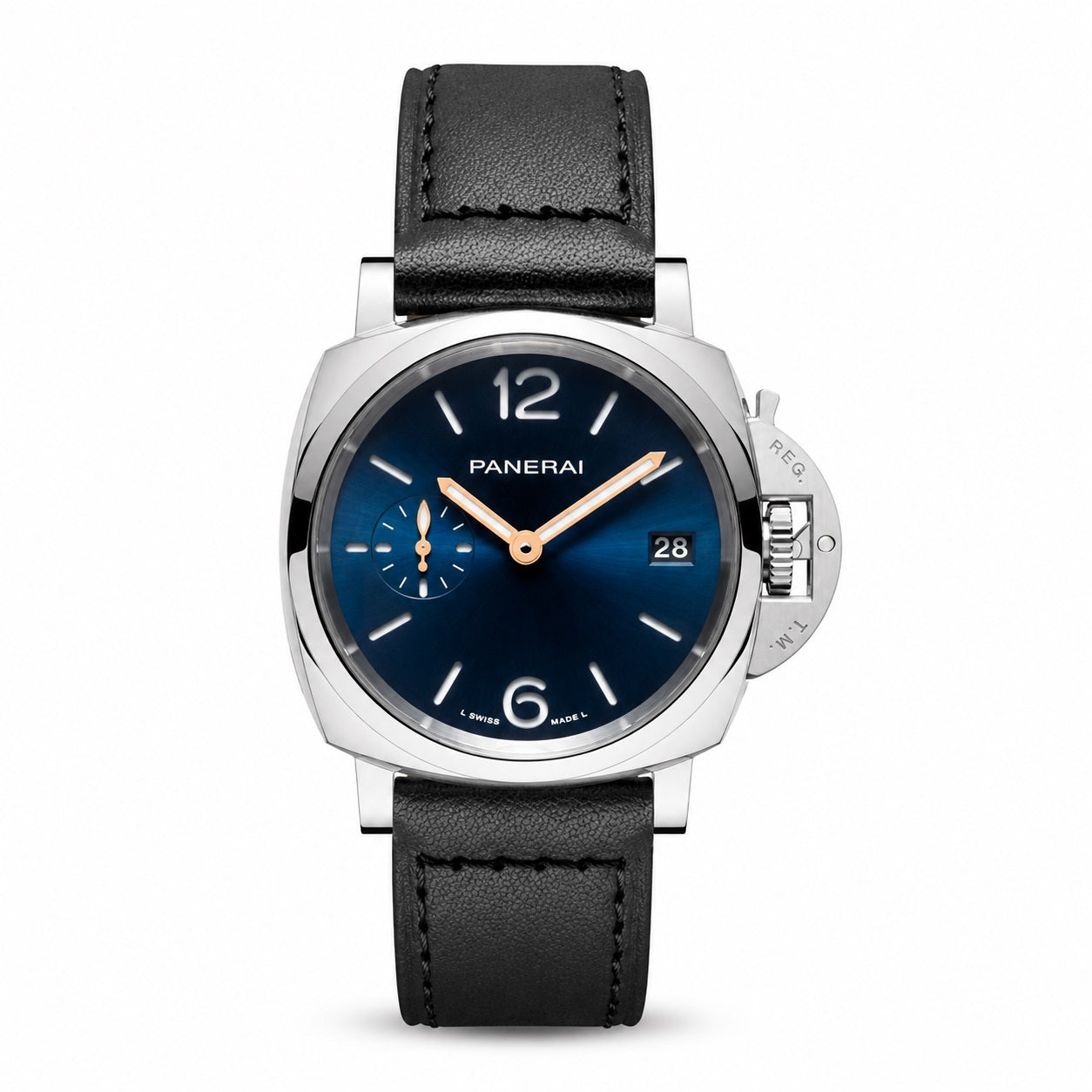 Panerai watch with black leather strap and blue dial