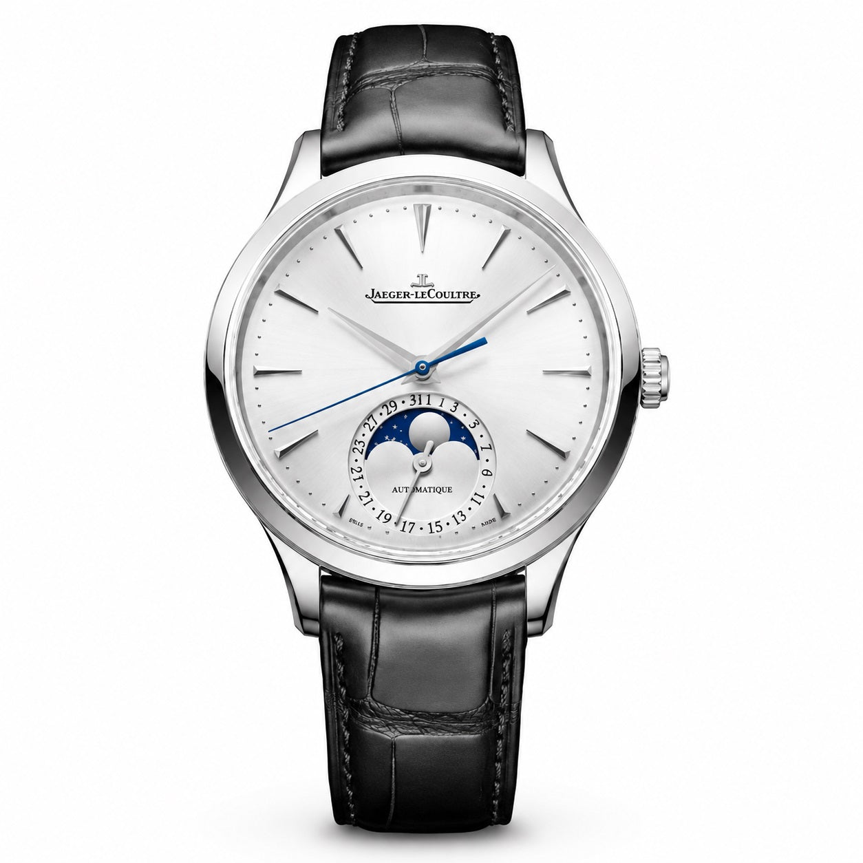 Luxury JAEGER-LECOULTRE Master-Moon Q1368438 watch with black leather strap and silver case