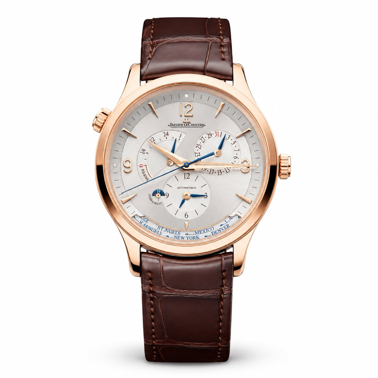 Luxury JAEGER-LECOULTRE Master Control Geographic Q4122520 watch with brown leather strap and rose gold case