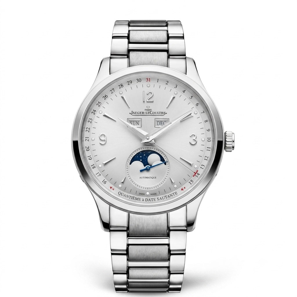 Silver JAEGER-LECOULTRE Master Control Calendar watch with Moon phase face