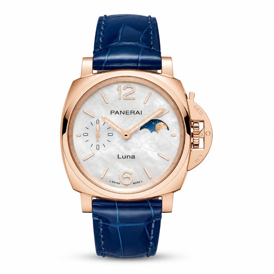 Panerai watch with blue strap and rose gold case 