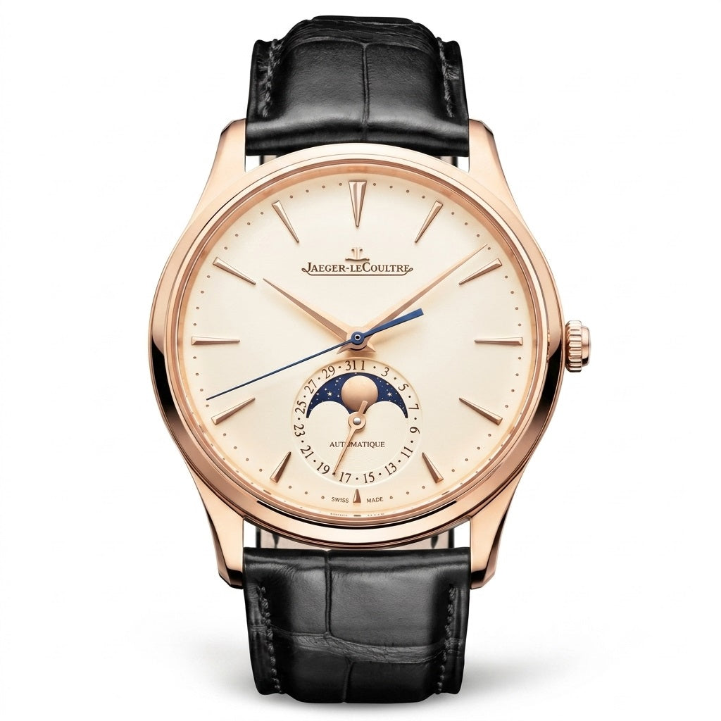 Luxury JAEGER-LECOULTRE Master Ultra Thin Moon Q1362511 watch with black leather strap and rose gold case