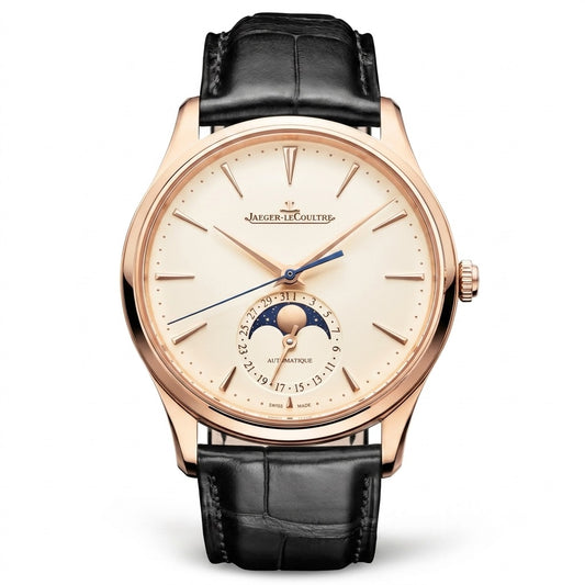 Luxury JAEGER-LECOULTRE Master Ultra Thin Moon Q1362511 watch with black leather strap and rose gold case