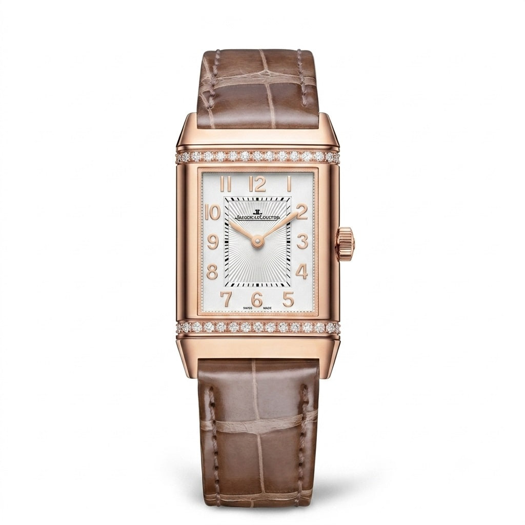 Luxury JAEGER-LECOULTRE Reverso Classic-Duetto Q2572570 watch with brown strap and rose gold case with white dial