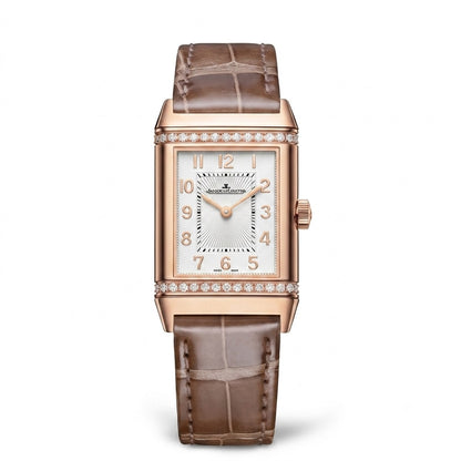 Luxury JAEGER-LECOULTRE Reverso Classic-Duetto Q2572570 watch with brown strap and rose gold case with white dial
