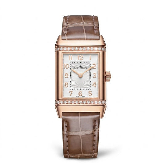 Luxury JAEGER-LECOULTRE Reverso Classic-Duetto Q2572570 watch with brown strap and rose gold case with white dial