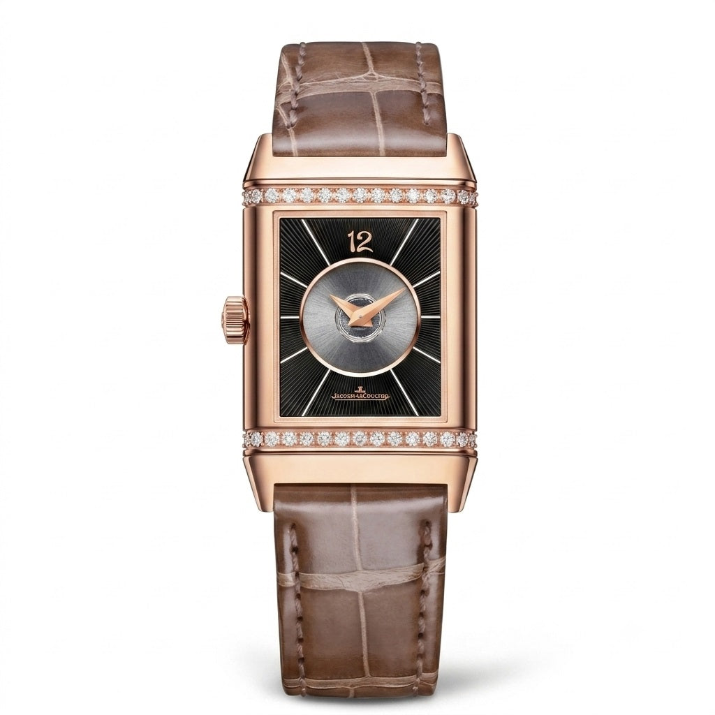 Luxury JAEGER-LECOULTRE Reverso Classic-Duetto Q2572570 watch with brown strap and rose gold case and black dial