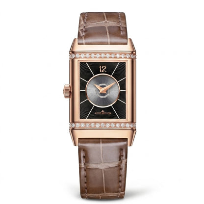 Luxury JAEGER-LECOULTRE Reverso Classic-Duetto Q2572570 watch with brown strap and rose gold case and black dial