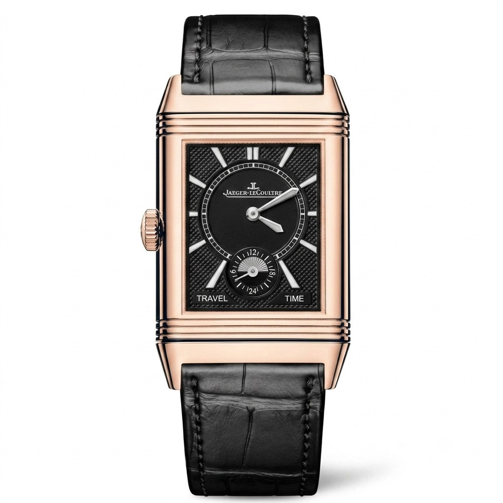 Luxury JAEGER-LECOULTRE Reverso Classic Duo Face watch with black leather strap and rose gold case 