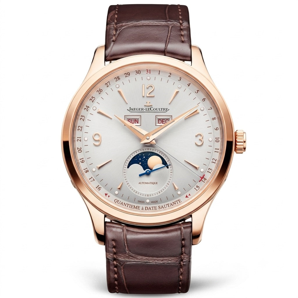 Luxury JAEGER-LECOULTRE Master Control Calendar Q4142520 watch with brown leather strap and rose gold case 
