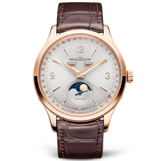 Luxury JAEGER-LECOULTRE Master Control Calendar Q4142520 watch with brown leather strap and rose gold case 