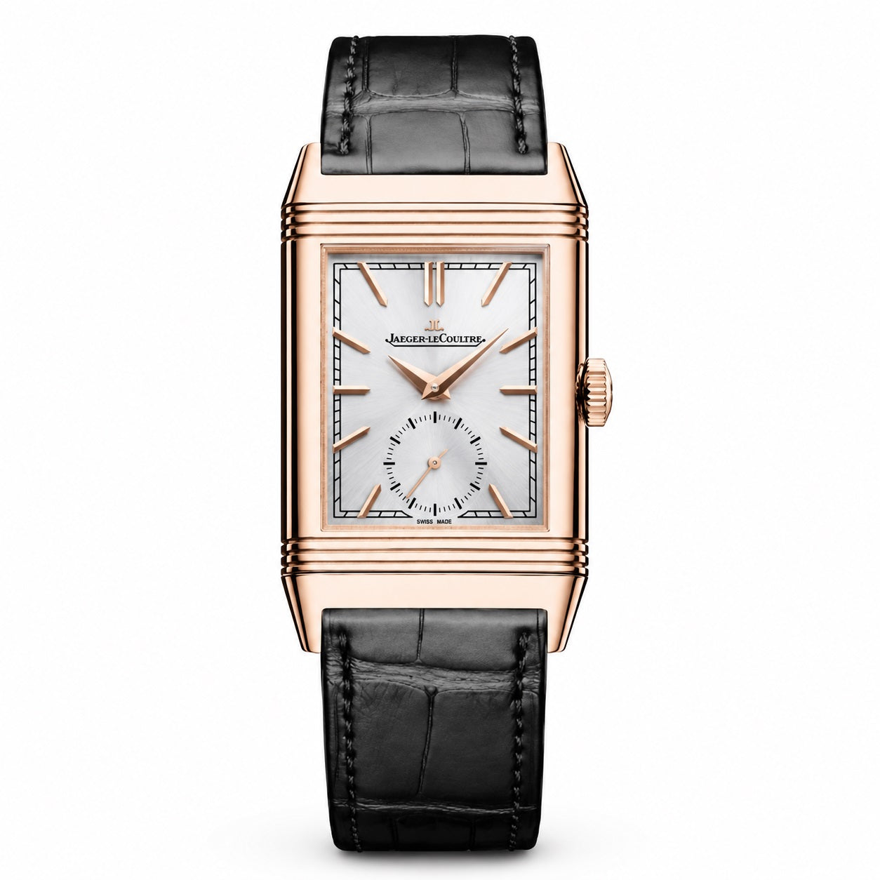 Luxury JAEGER-LECOULTRE Reverso Tribute Monoface Q7132521 watch with black leather strap and rose gold case