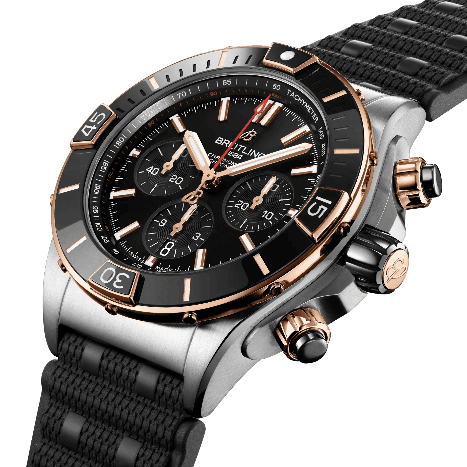BREITLING Super Chronomat B01 44mm, Stainless Steel & Red Gold case, Black dial, Rubber strap - Classic Kaf